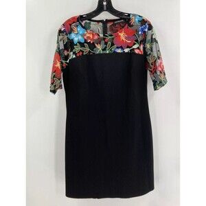 Nina Leonard Dress Floral SZ L Fit & Flare Mesh Black RedFlowy Midi Short Sleeve